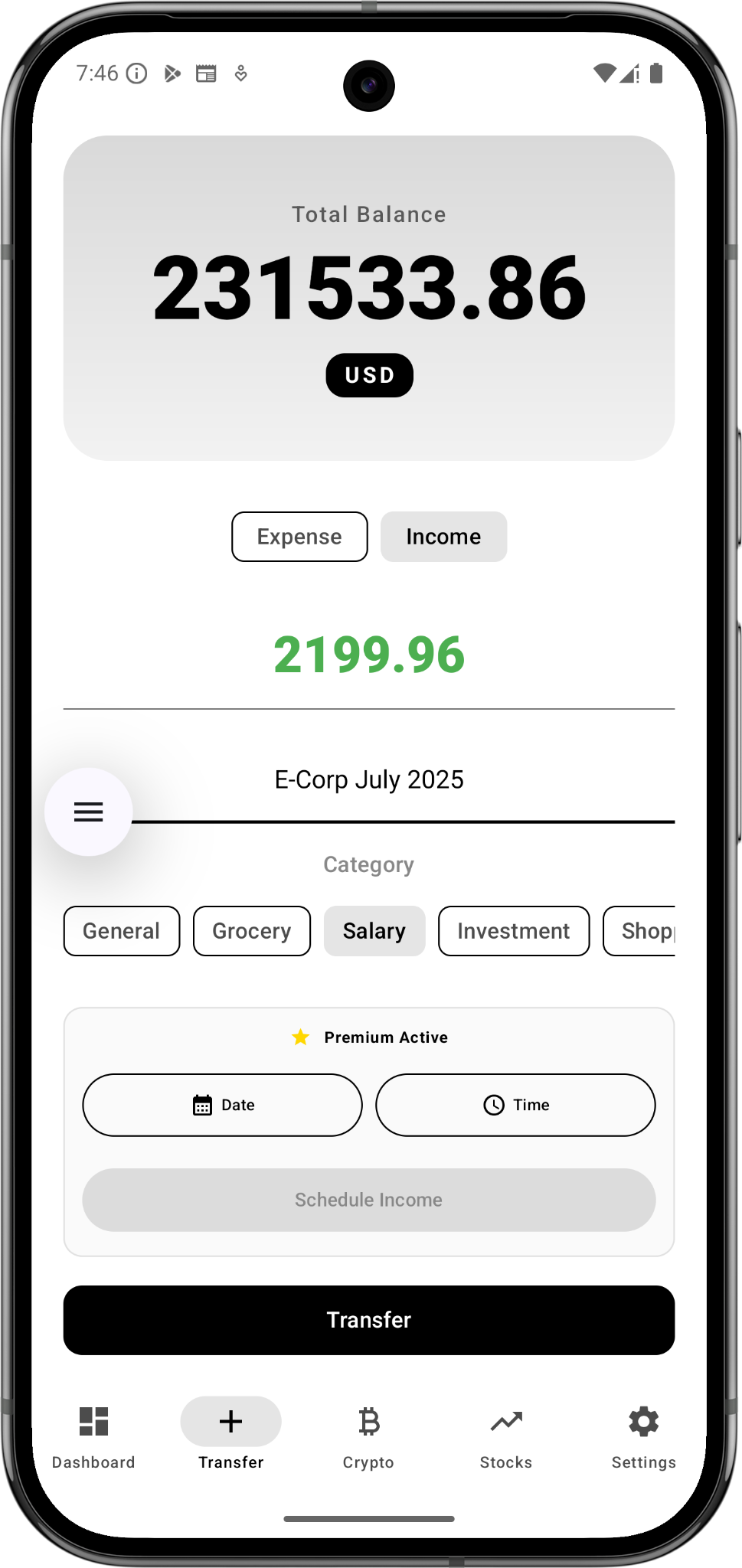 Balencio scheduled income screen
