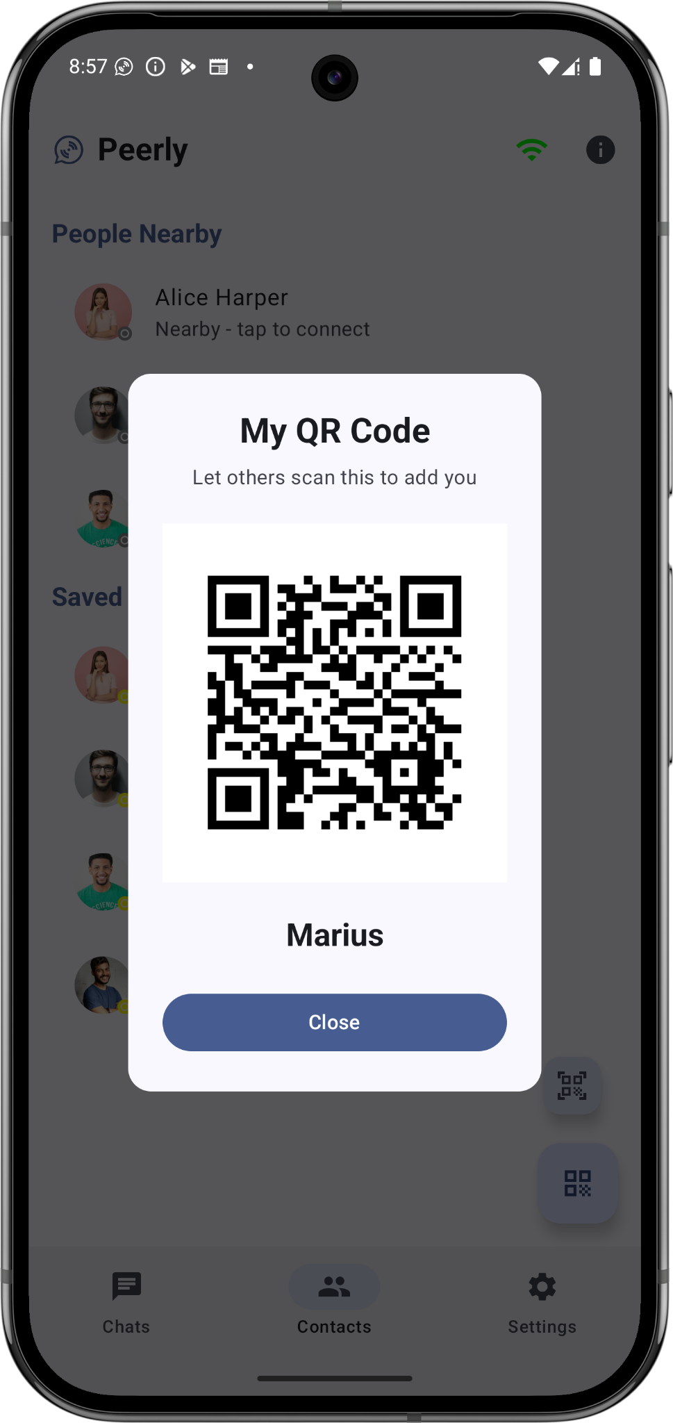 Peerly QR contact screen
