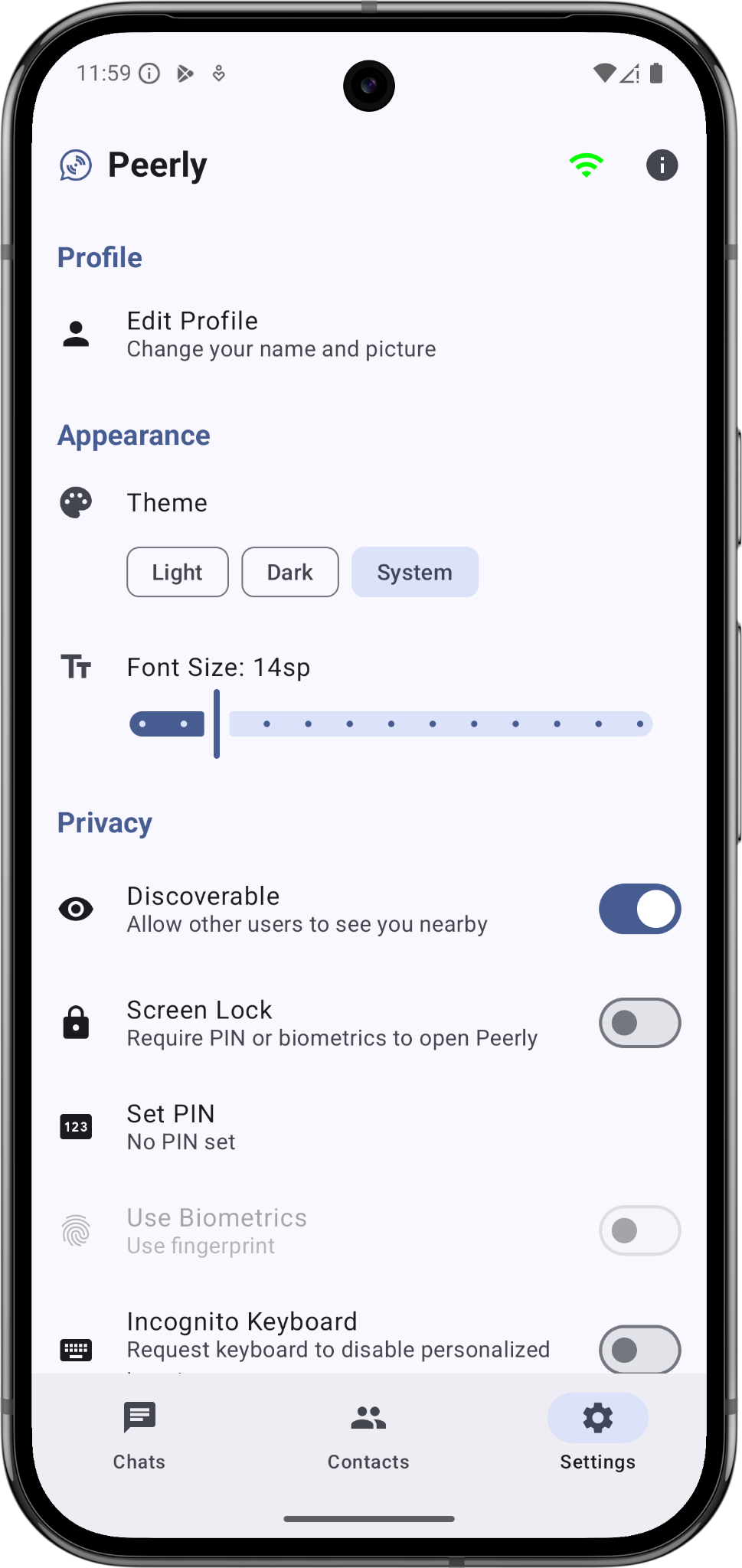 Peerly privacy settings